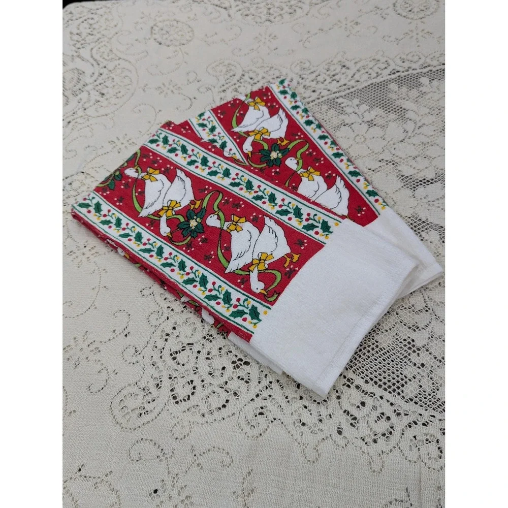 Vintage Kitchen Towel Red White Christmas Geese Holly Cotton Terry